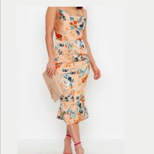 Satin Floral Cowl Flute Hem Slip Dress